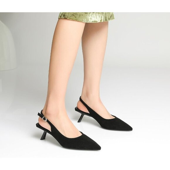 Mostrin Kitten Heel Black Suede Low Slingback Heels with Buckle Dress Shoes - Picture 5 of 9